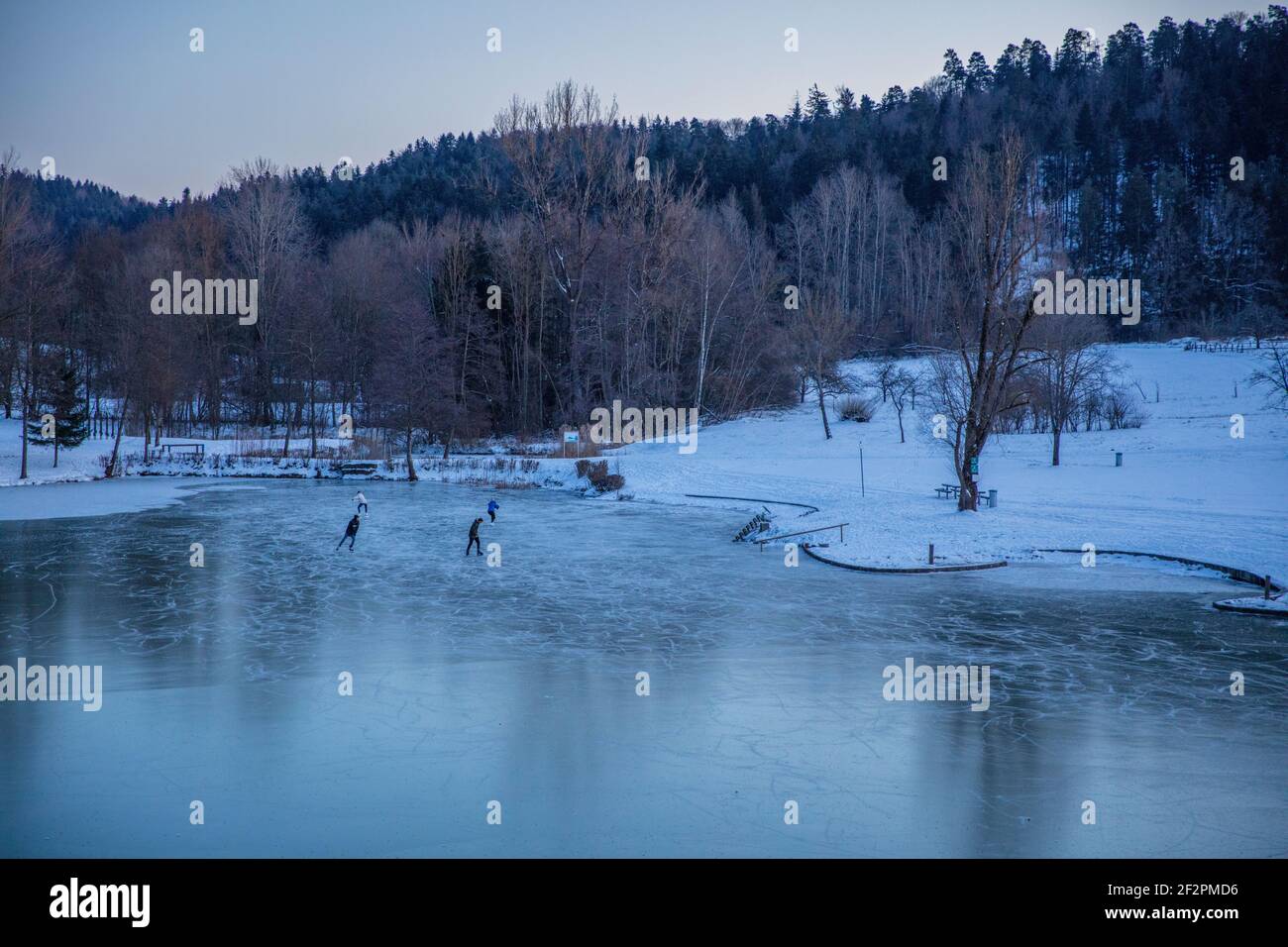 Réservoir, surgelé, patineurs, forêt, lumière du soir Banque D'Images