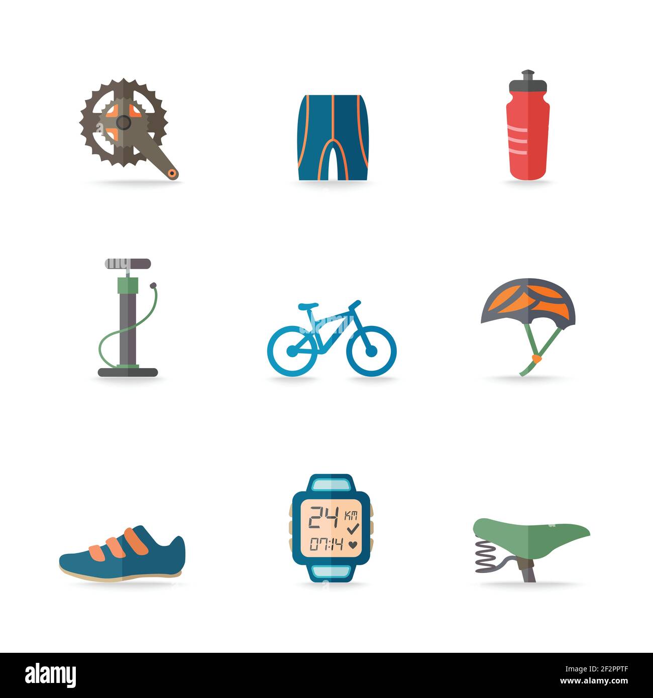 Vélo sport forme physique icônes plates avec pompe manuelle illustration vectorielle isolée pour casque de siège Illustration de Vecteur