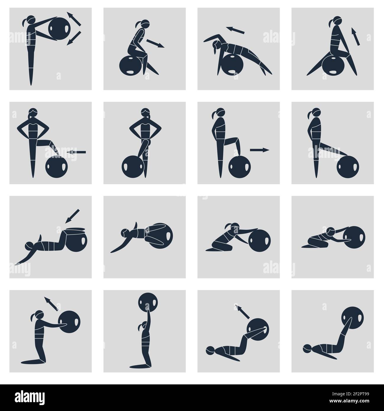 Silhouettes pour femmes avec ballon de fitness équipement de sport icônes ensemble noir illustration vectorielle isolée Illustration de Vecteur