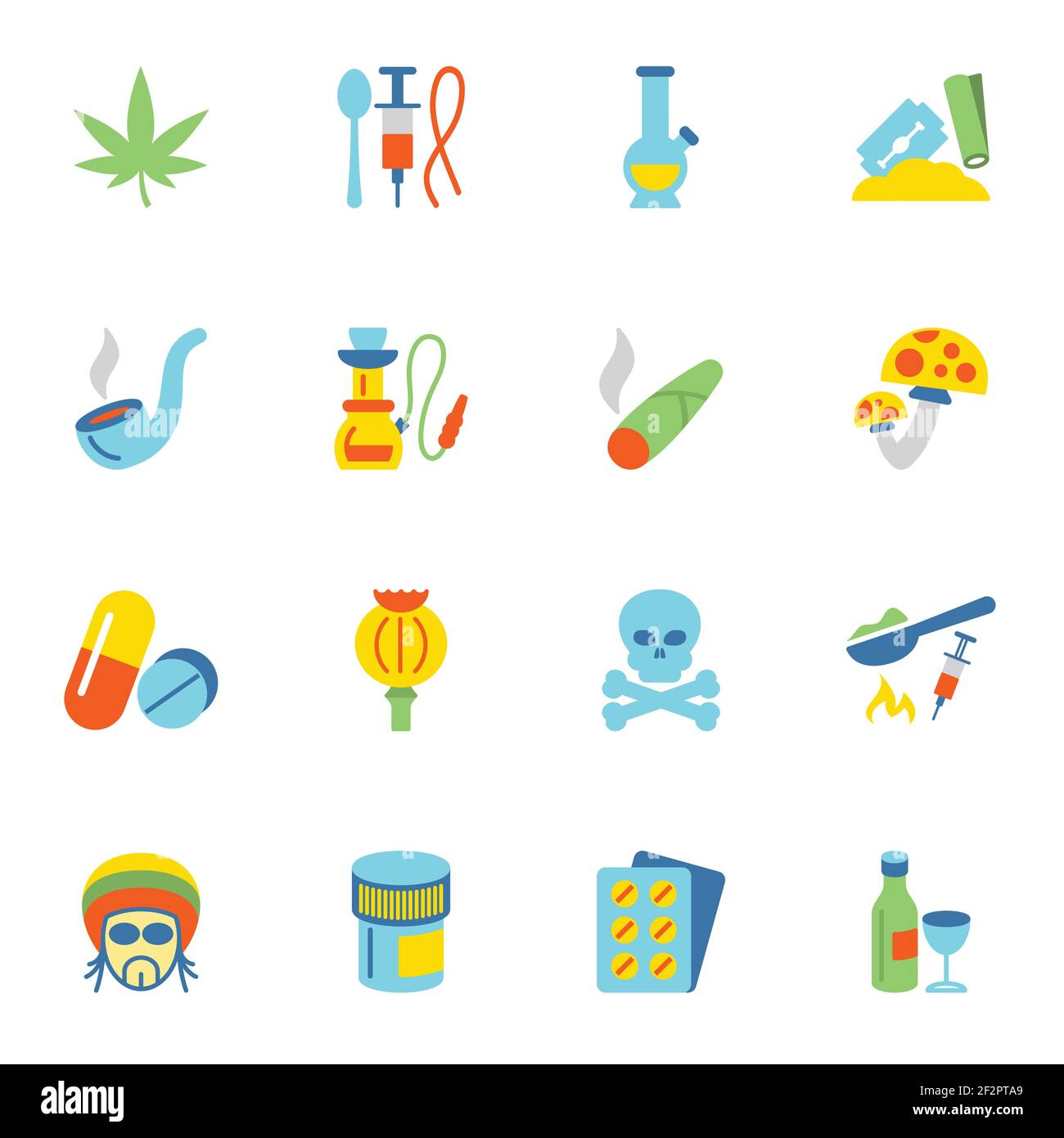 Abus addictive poison drogues icônes jeu plat isolé illustration de vecteur. Illustration de Vecteur