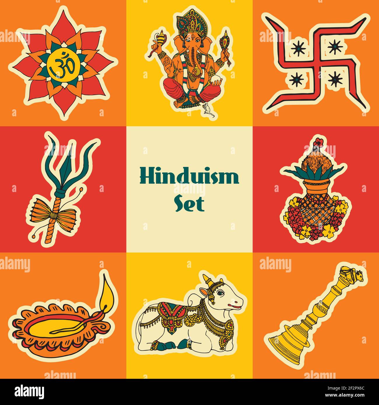Inde Voyage culture traditionnelle symboles hindouisme décoratif de couleur croquis icônes définir l'illustration du vecteur isolé Illustration de Vecteur