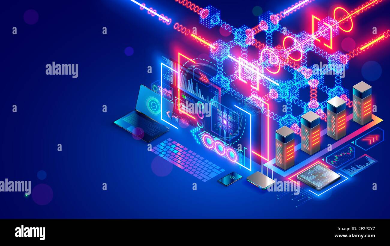 Technologie blockchain concept isométrique. Crypto-monnaie, monnaie numérique. Racks de serveurs dans le centre de données mine crypto-monnaie, processus Illustration de Vecteur