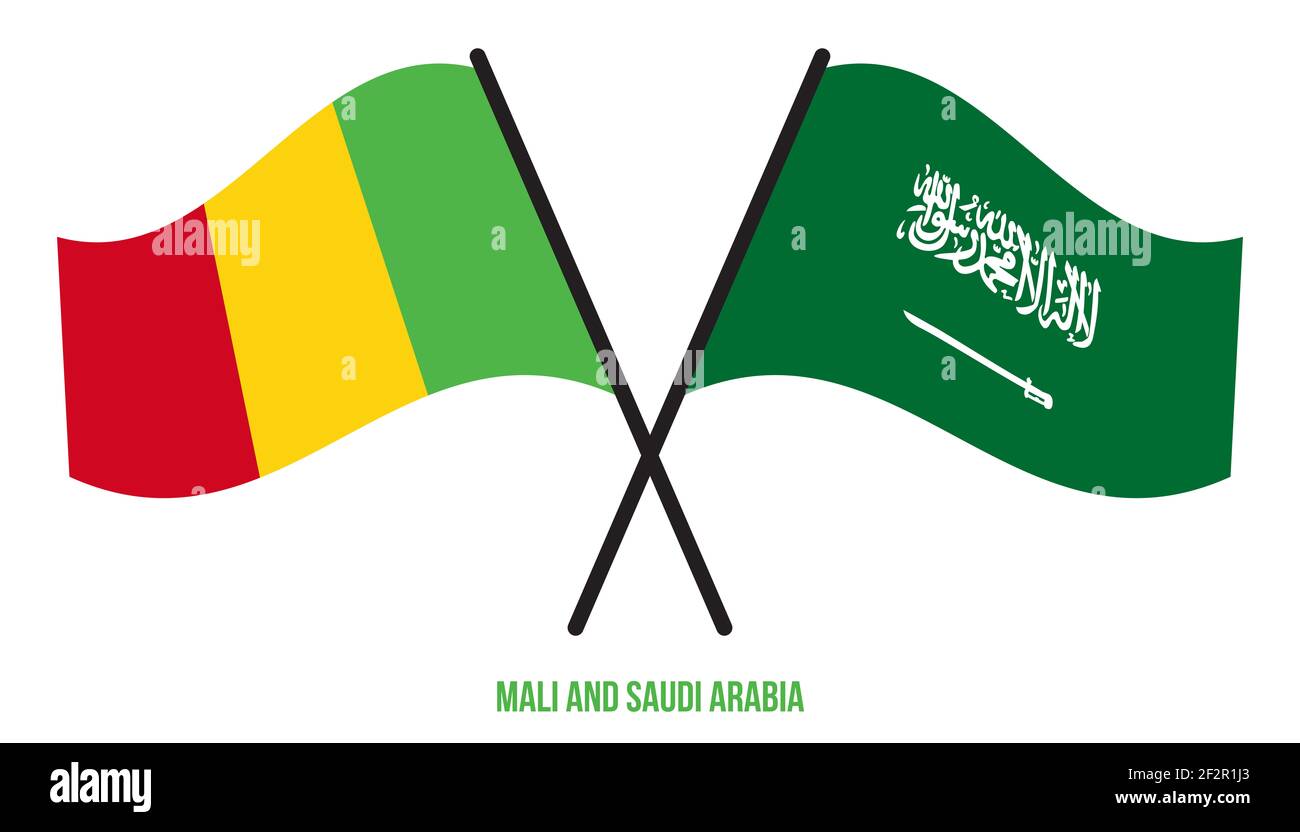 Les drapeaux du Mali et de l'Arabie Saoudite ont traversé et agité le style plat. Proportion officielle. Corriger les couleurs. Banque D'Images
