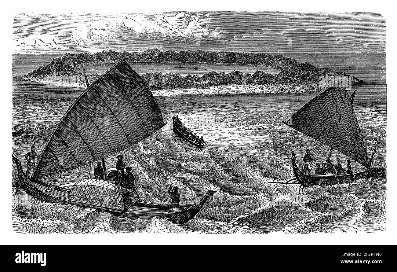Gravure antique de navires dans l'océan Pacifique. Illustration publiée dans Systematischer Bilder-Atlas zum conversations-Lexikon, Ikonographische Ency Banque D'Images