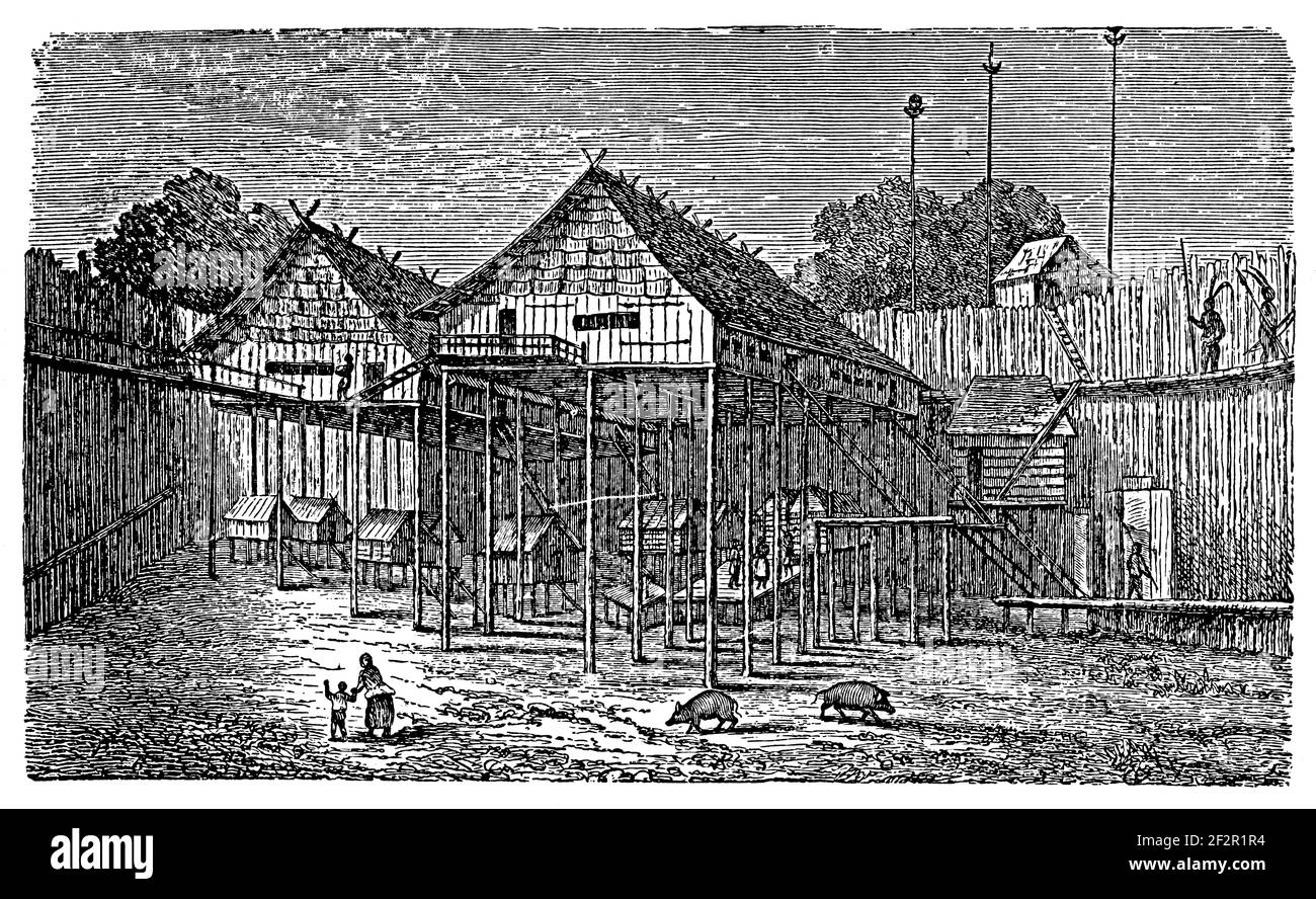 Gravure Ancienne – XIXe – La Malaisie / Famille Dayak – Thème Voyage