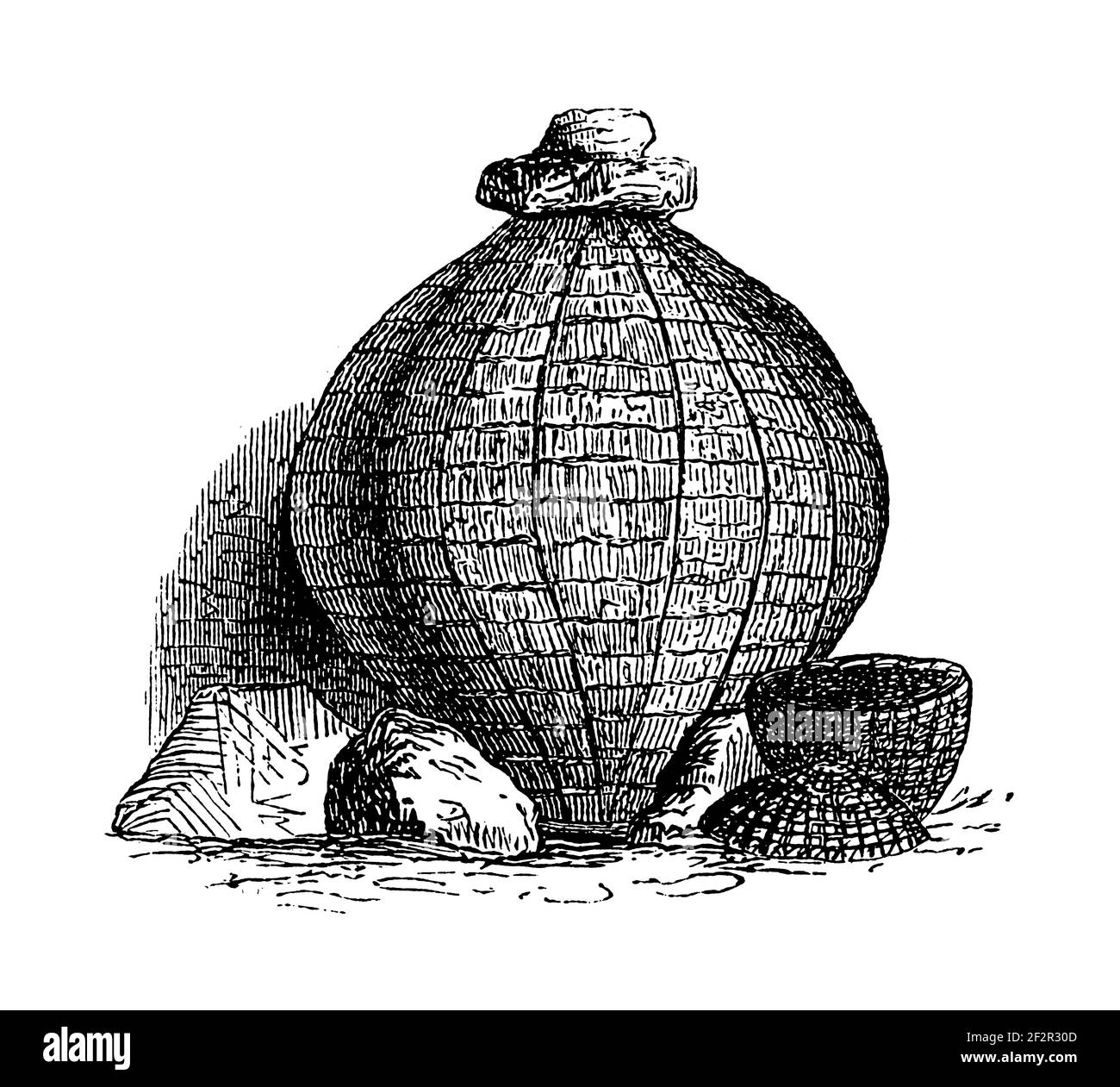 Gravure antique du XIXe siècle d'objets du peuple Besotho. Illustration publiée dans Systematischer Bilder-Atlas zum conversations-Lexikon, Ikon Banque D'Images