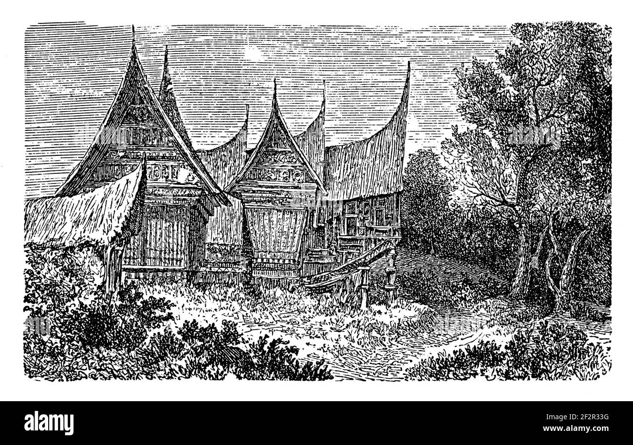 Ancienne gravure du XIXe siècle d'une maison à Sumatra. Illustration publiée dans Systematischer Bilder-Atlas zum conversations-Lexikon, Ikonographische Banque D'Images