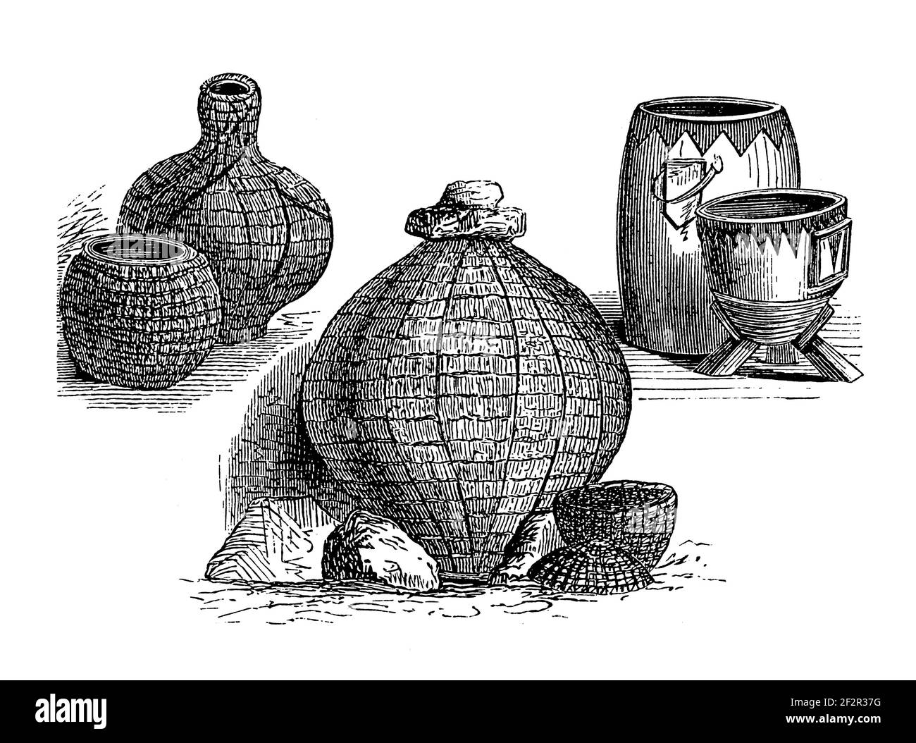 Gravure antique du XIXe siècle d'objets du peuple Besotho. Illustration publiée dans Systematischer Bilder-Atlas zum conversations-Lexikon, Ikon Banque D'Images