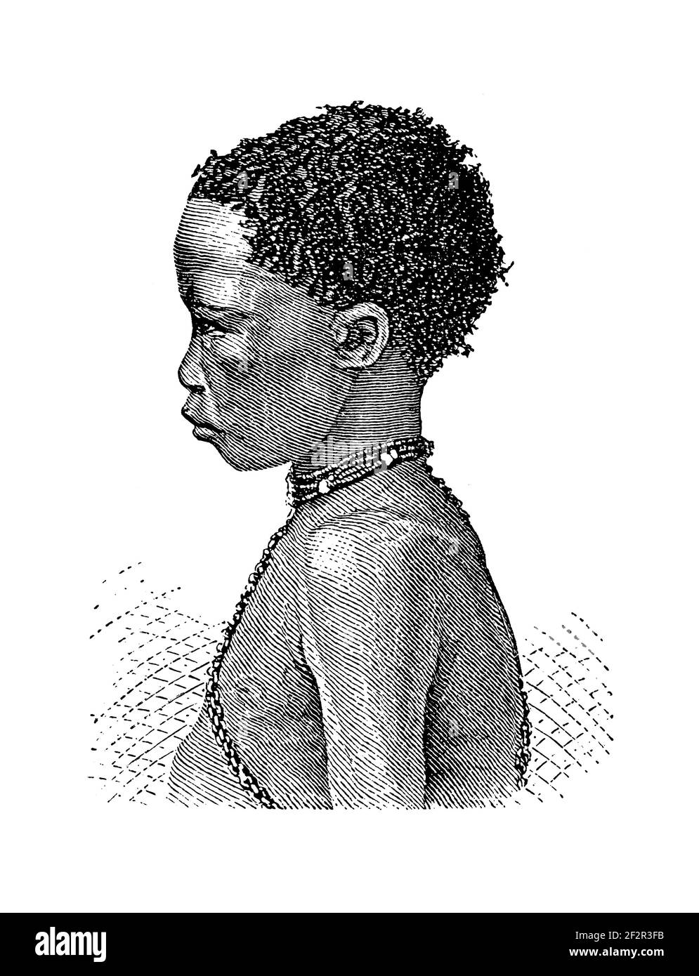 Gravure antique du XIXe siècle d'un jeune Bushman. Illustration publiée dans Systematischer Bilder-Atlas zum conversations-Lexikon, Ikonographische en Banque D'Images