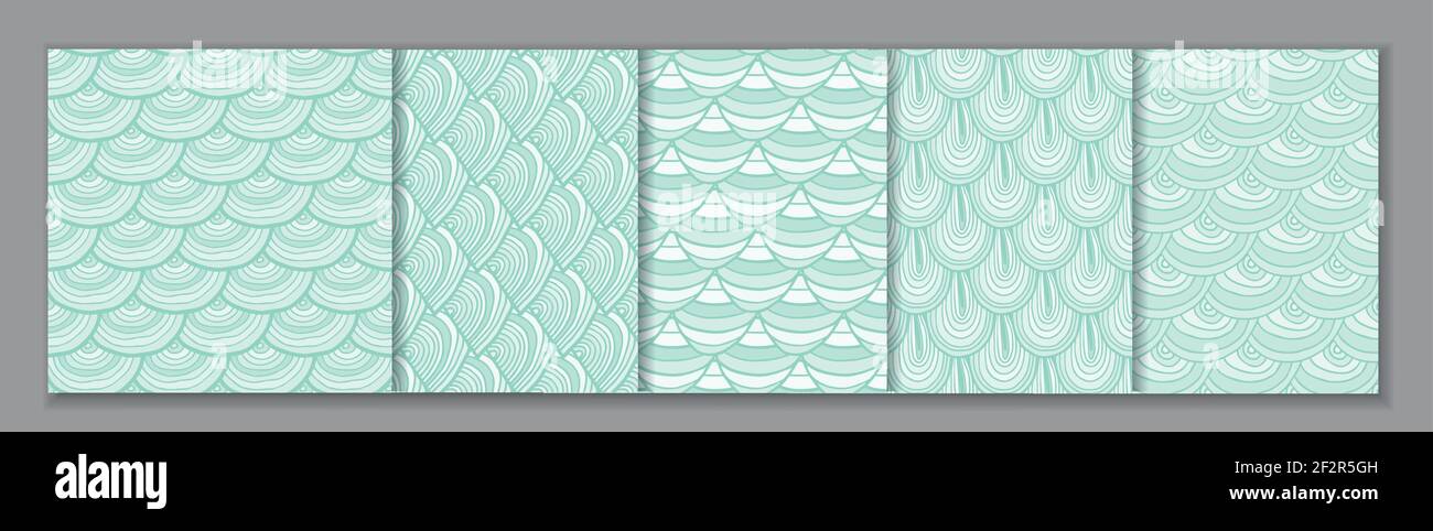 Ensemble de 5 motifs traditionnels sans couture avec écusson japonais, bleu monochrome. Motifs géométriques de répétition de caniche minimale Illustration de Vecteur