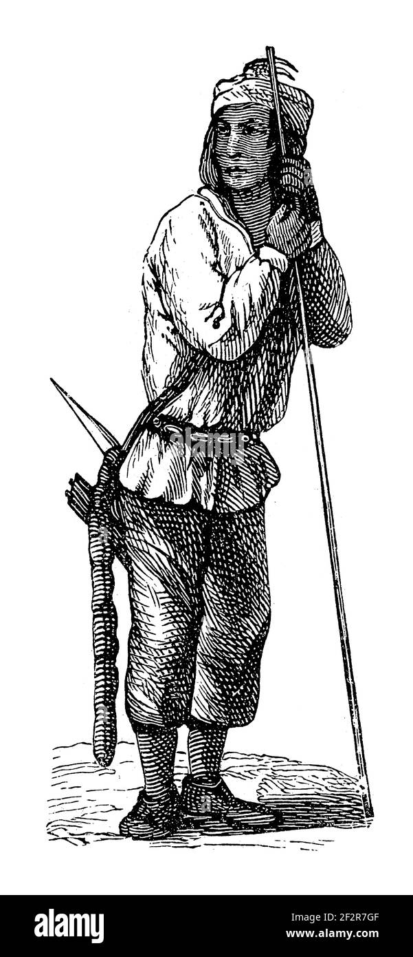 Gravure antique du XIXe siècle d'un homme Navajo. Illustration publiée dans Systematischer Bilder-Atlas zum conversations-Lexikon, Ikonographische Encyk Banque D'Images