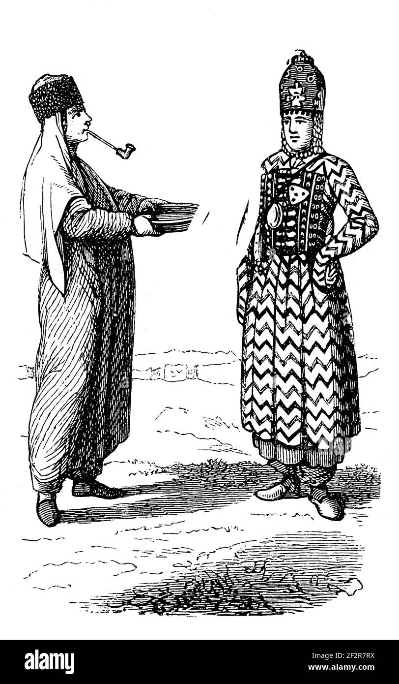 Illustration antique des Tatars au XIXe siècle. Gravure publiée dans Systematischer Bilder-Atlas zum conversations-Lexikon, Ikonographische Encyklopaed Banque D'Images