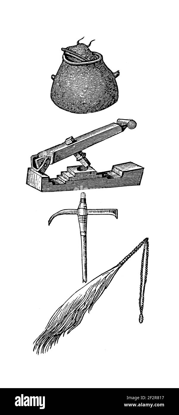 Gravure du XIXe siècle d'objets de chaga. Illustration publiée dans Systematischer Bilder-Atlas zum conversations-Lexikon, Ikonographische Encyklopae Banque D'Images