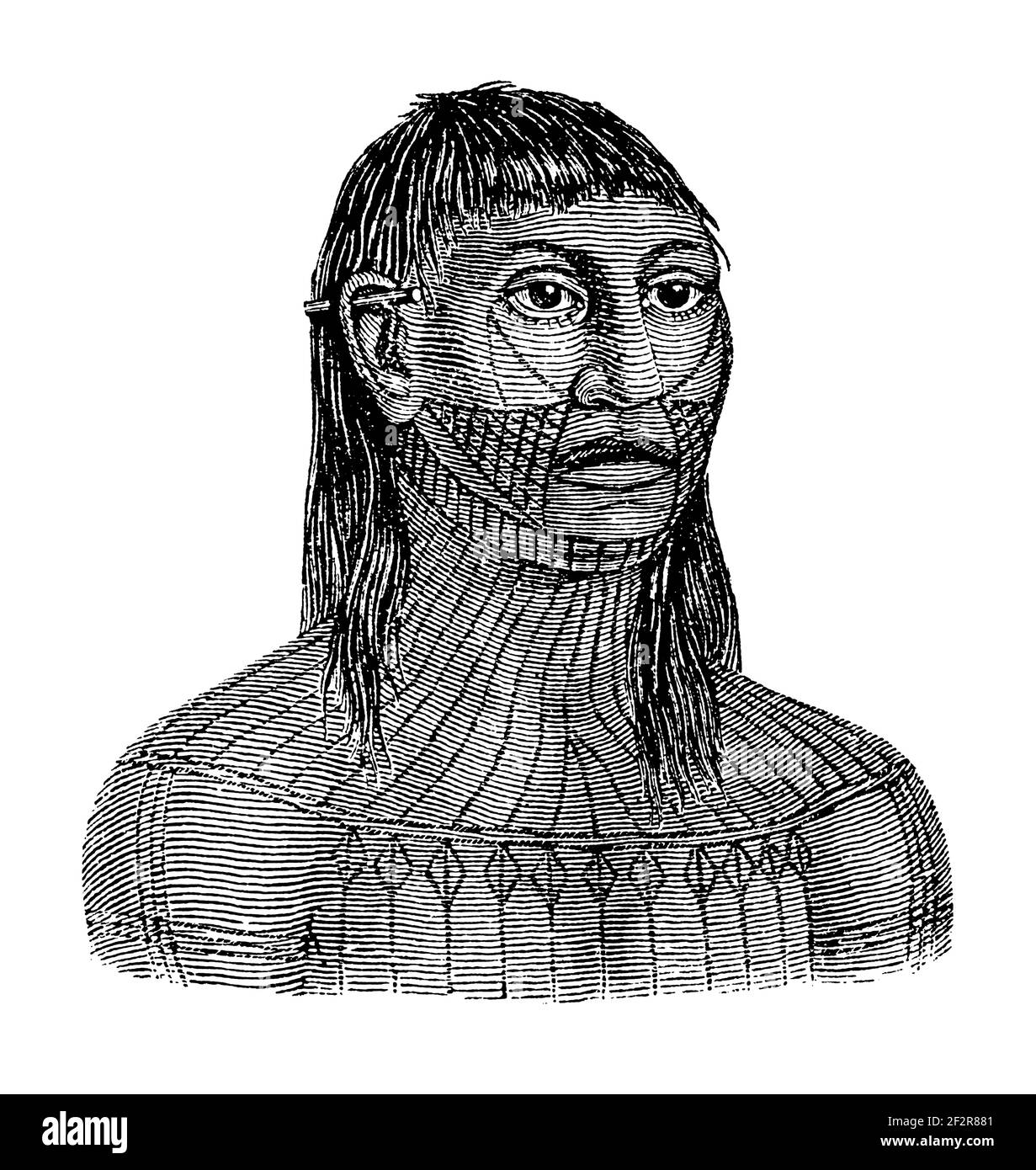 Gravure du 19 ème siècle d'un Indien Munduruku. Illustration publiée dans Systematischer Bilder-Atlas zum conversations-Lexikon, Ikonographische Encykl Banque D'Images