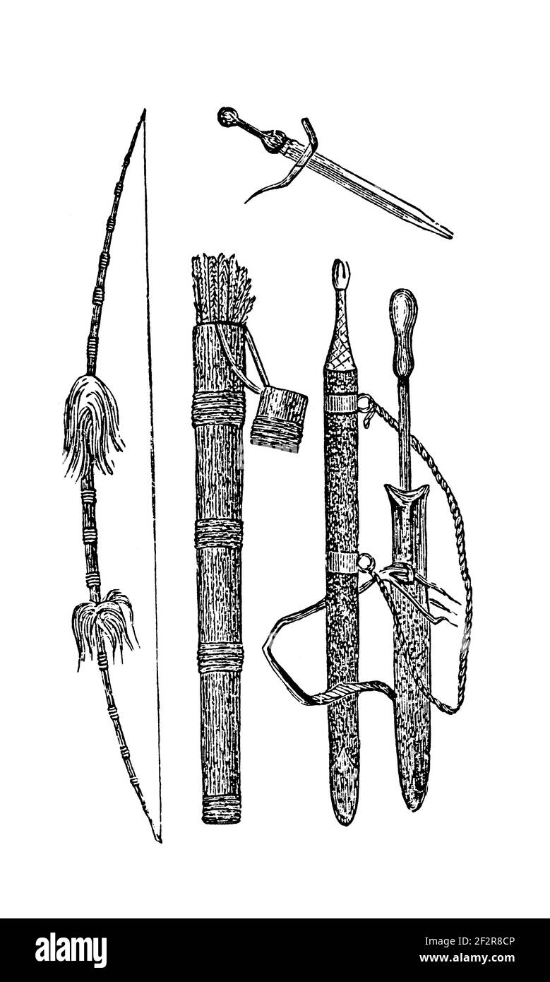 Gravure antique d'armes de tribus africaines. Illustration publiée dans Systematischer Bilder-Atlas zum conversations-Lexikon, Ikonographische Encyk Banque D'Images