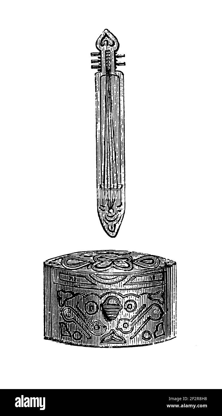 Illustration antique d'objets asiatiques. Gravure publiée dans Systematischer Bilder-Atlas zum conversations-Lexikon, Ikonographische Encyklopedie d Banque D'Images