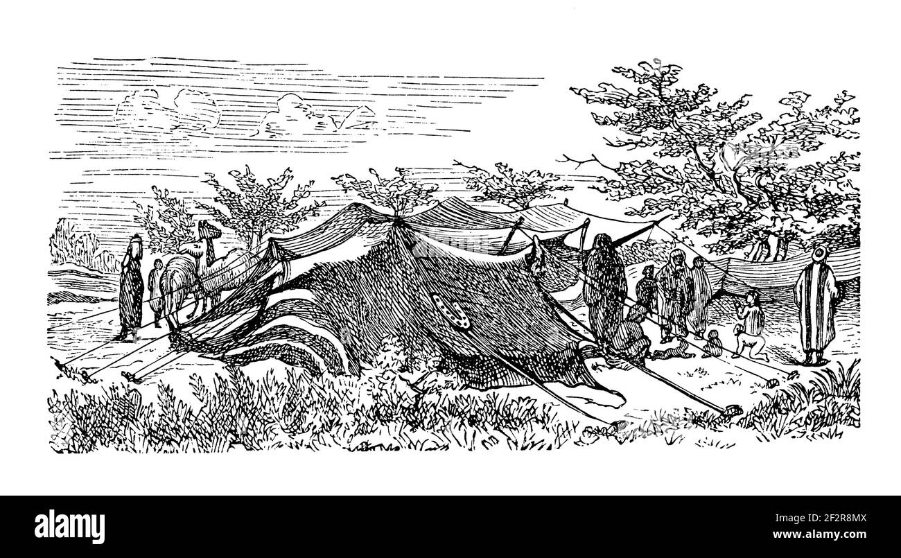Gravure antique de 19th-siècle d'un village de la tribu Beni Sakher, Jordanie. Illustration publiée dans Systematischer Bilder-Atlas zum conversations-Lexikon Banque D'Images
