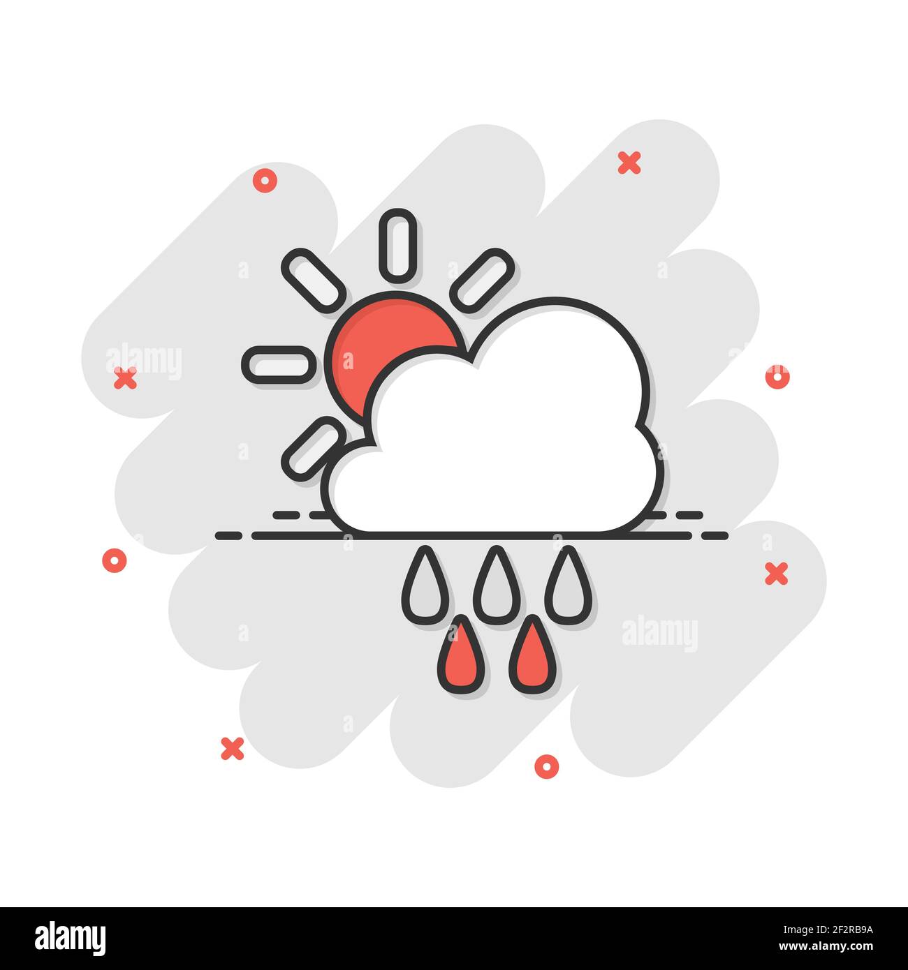 Vector cartoon météo icône dans le style comique. Avec les nuages soleil concept illustration pictogramme. Cloud avec effet pluie splash concept d'affaires. Illustration de Vecteur