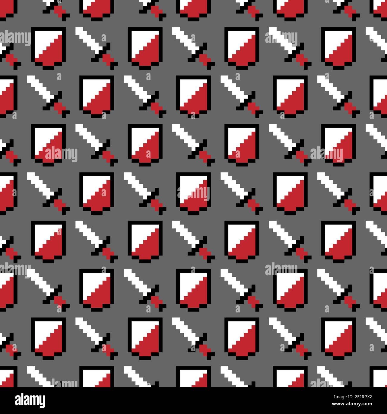 Icônes de pixels de jeu, bouclier et épée, vecteur de couleur fond sans couture de motif Illustration de Vecteur