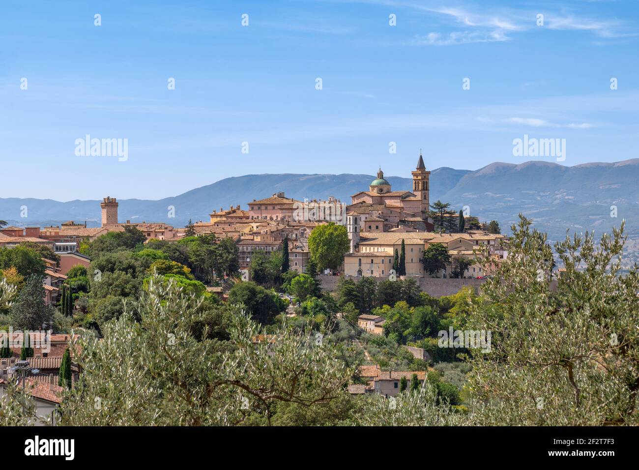 Paysage de campagne avec l'ancienne ville de colline Trevi et les oliviers. Trevi, Pérouse, Ombrie, Italie Banque D'Images