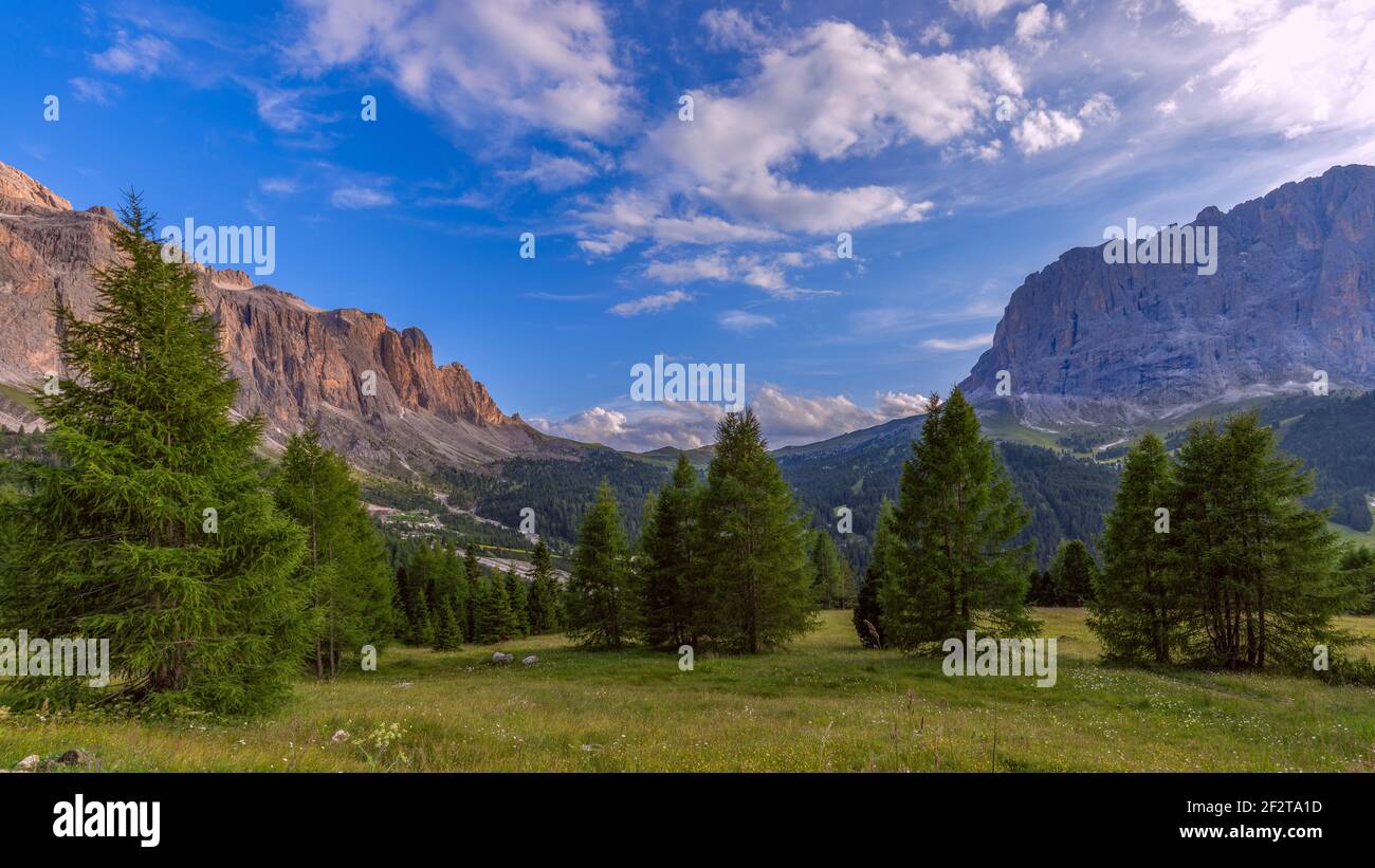 Vue panoramique sur la vallée de la montagne Plan de Gralba dans les rayons du soleil couchant. Dolomites italiens, Alto Adige, Colfosco. Banque D'Images