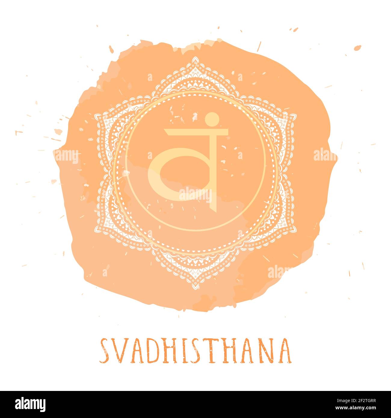 Illustration vectorielle avec le symbole Svadhishana - chakra sacré et élément aquarelle sur fond blanc. Entourez le motif de mandala et la lettre dessinée à la main Illustration de Vecteur