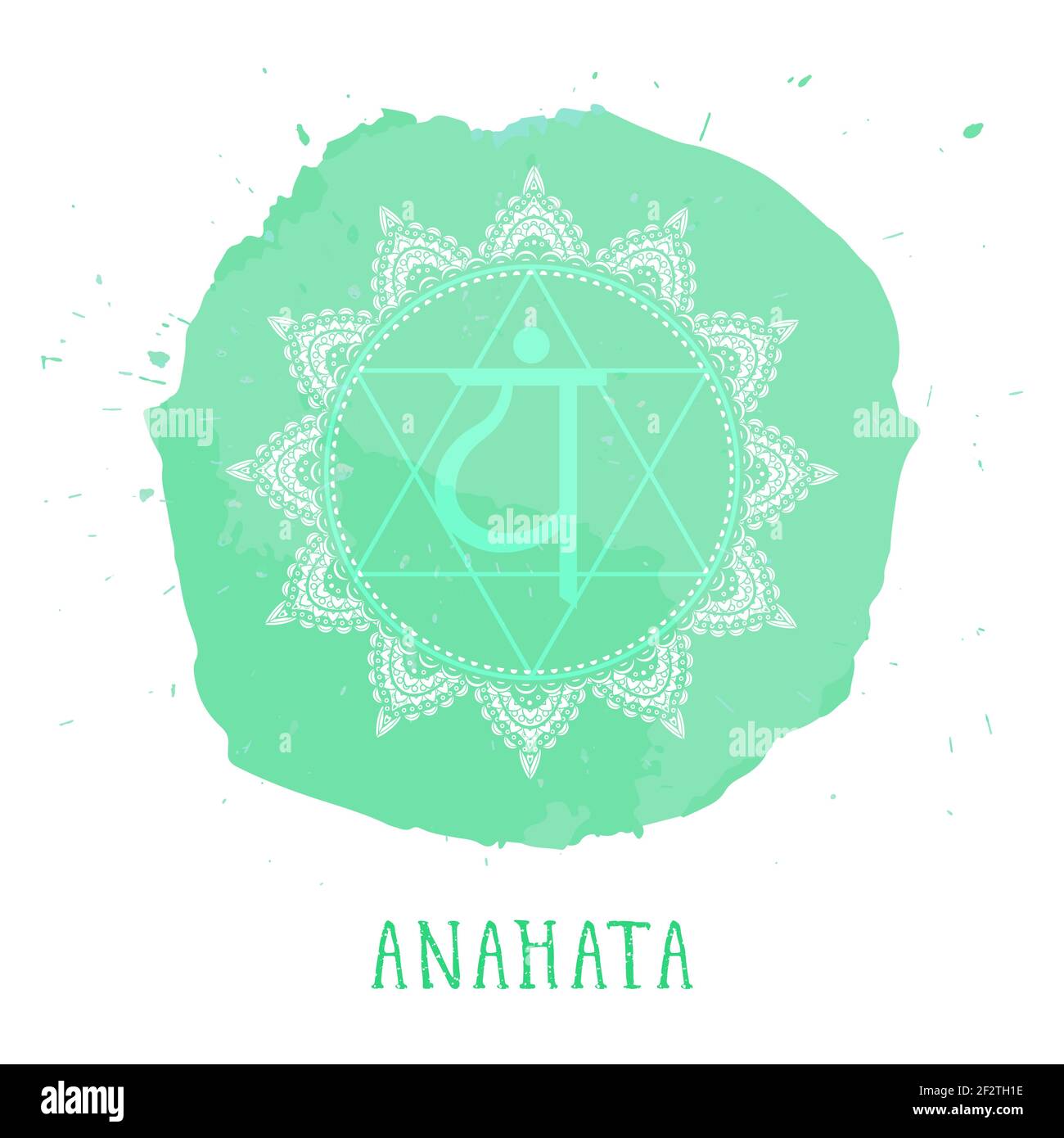 Illustration vectorielle avec symbole anahata - chakra coeur et élément aquarelle sur fond blanc. Entourez le motif de mandala et le lettrage dessiné à la main. Co Illustration de Vecteur