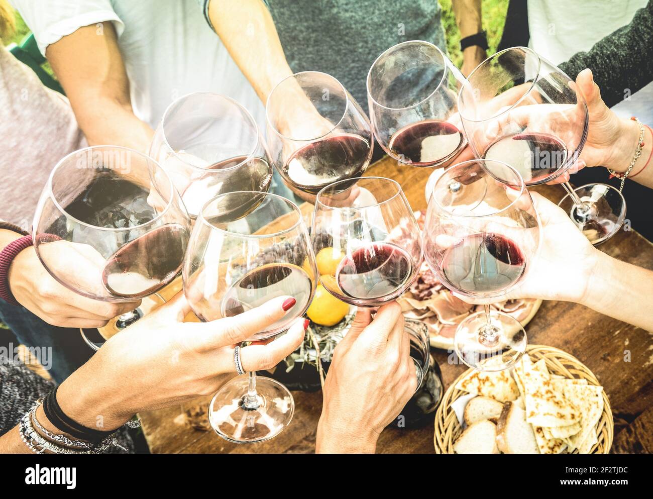 Les amis toastent un verre de vin rouge et s'amusent à l'extérieur Applaudissent avec la dégustation de vin - les jeunes profitent du temps de récolte ensemble à la ferme Banque D'Images