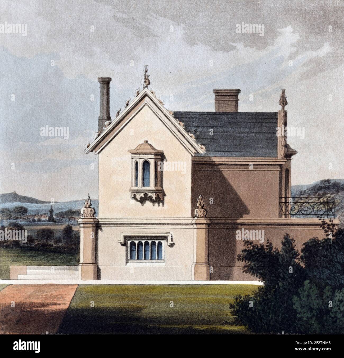 Néoclassique ou Georgian Sporting Lodge, Hunting Lodge ou House (1827) Vintage architectural Drawing, Aquatint ou Engraving par James Thomson (1827) Banque D'Images