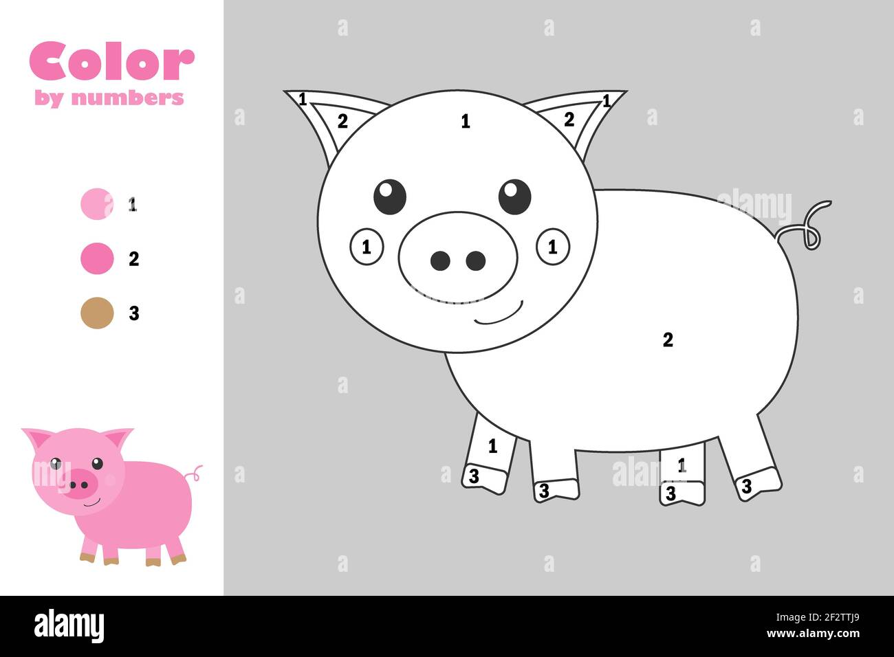 Cochon dans le style de dessin animé, couleur par numéro, jeu de papier d'éducation pour le développement des enfants, page de coloriage, enfants d'activité préscolaire, travail imprimable Banque D'Images