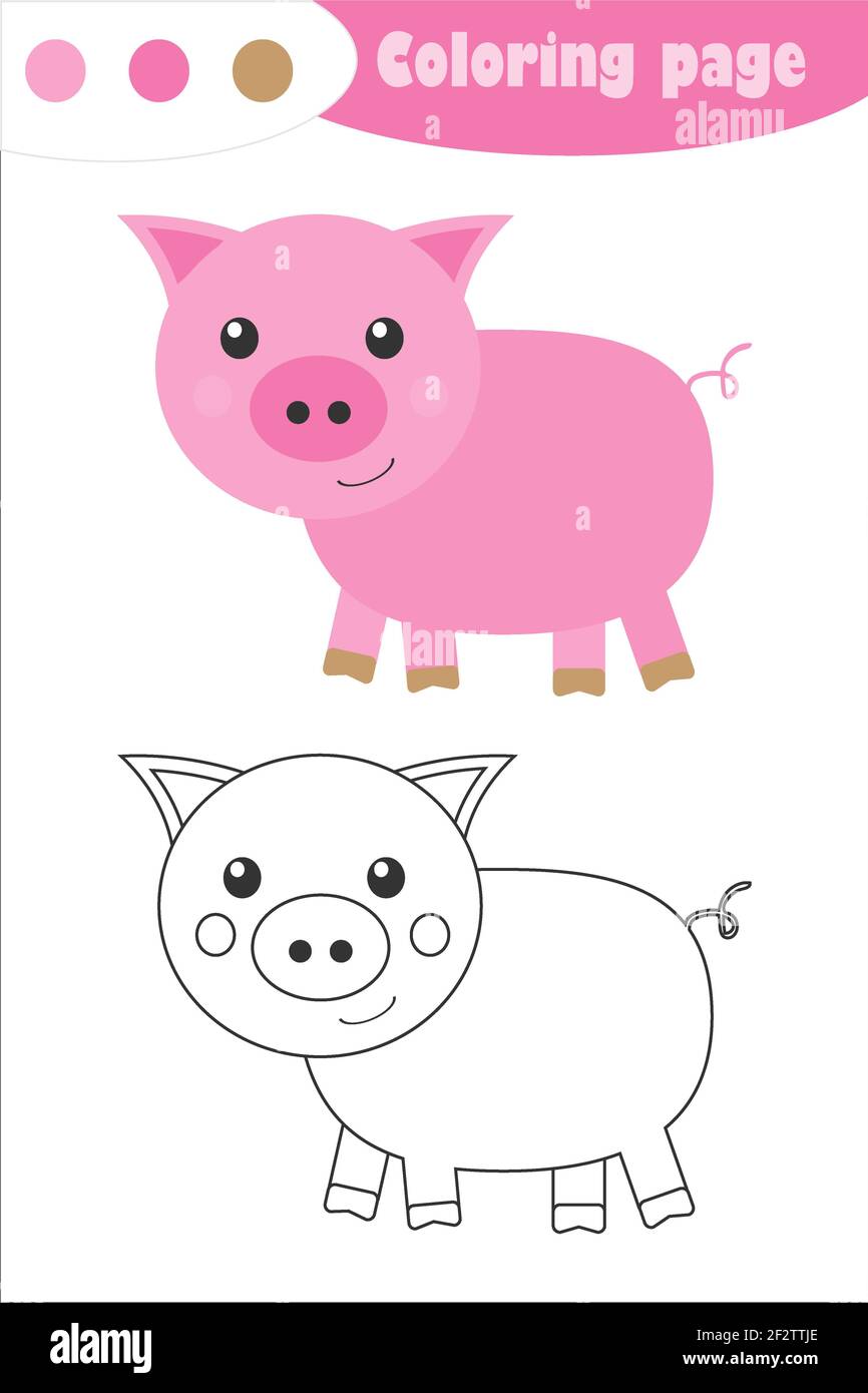 Pig dans le style de dessin animé, page de coloriage, jeu de papier d'éducation de printemps pour le développement des enfants, activités préscolaires d'enfants, feuille de travail imprimable, Banque D'Images