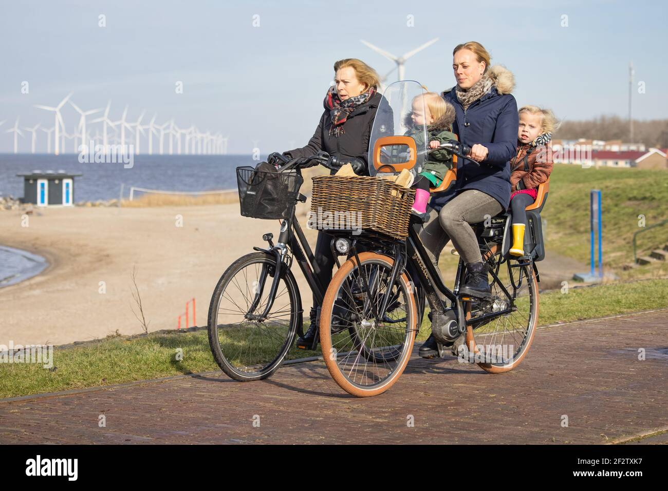 Homme avec son petit fils à vélo près de la côte hollandaise Banque D'Images
