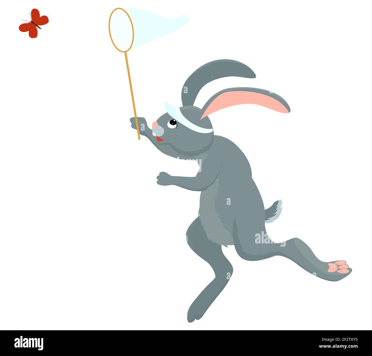 Le lièvre gris ou le lapin court et saute en tenant un filet de papillon. Illustration d'un animal de dessin animé vectoriel isolée sur fond blanc. Illustration de Vecteur