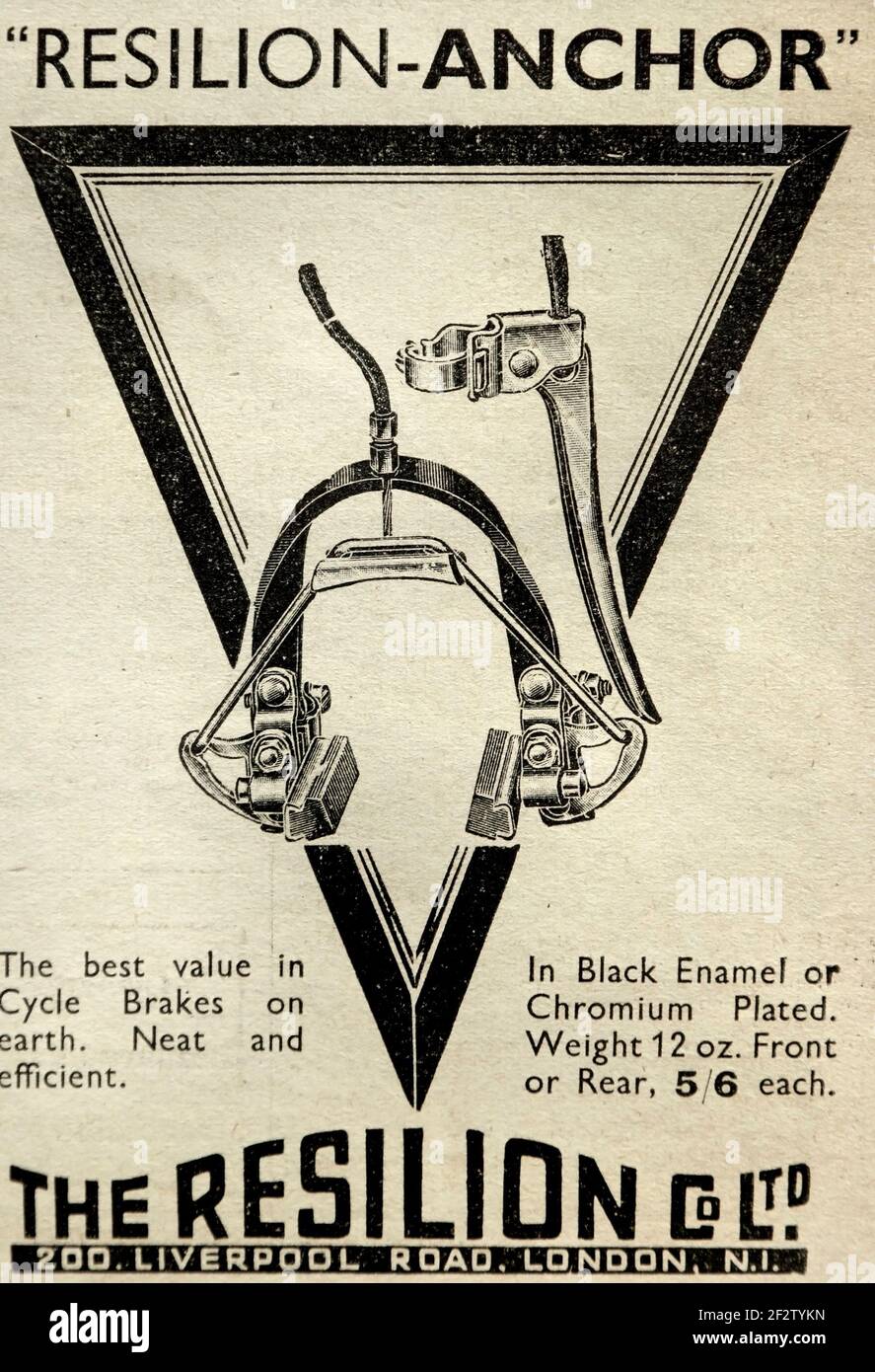 Vintage 1937 publicité pour le centre britannique de recherche de freins de vélo Reslion. Banque D'Images