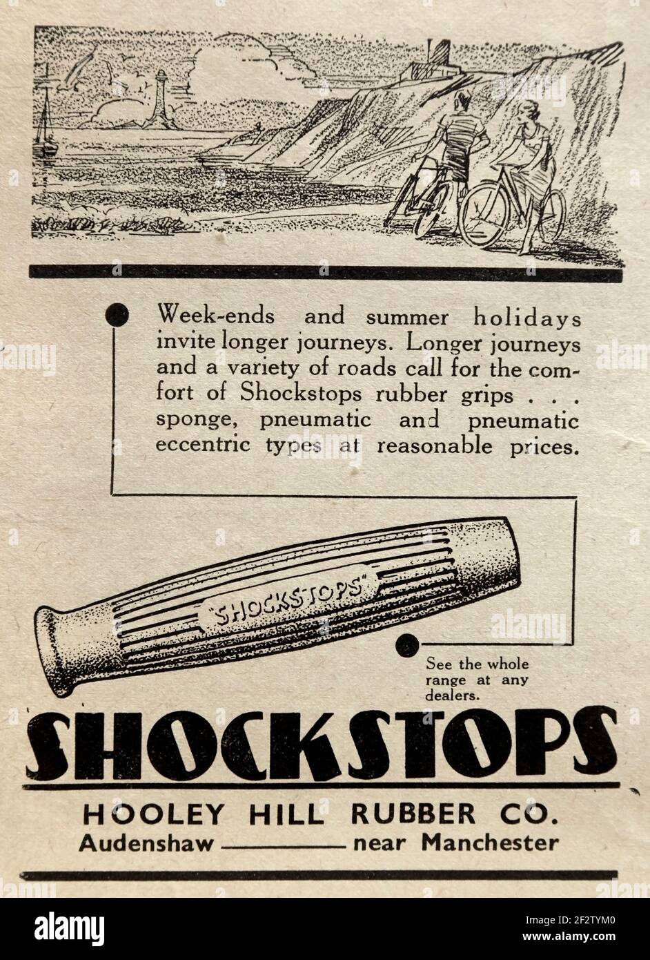 Publicité vintage 1937 pour les poignées de guidon de vélo Shockstops. Banque D'Images