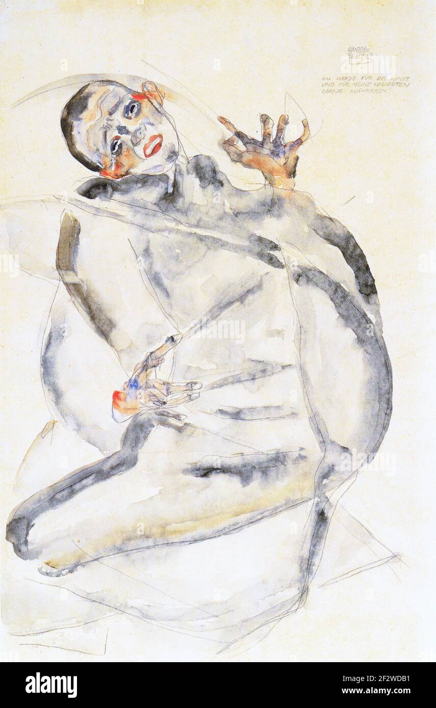 Self-Portrait ' Je vais endurer avec plaisir pour l'art et mes proches ( ICH werde für die Kunst und meine Geliebten gerne ausharren)' par Egon Schiele (1890-1918), pinceau et aquarelle sur washi, 1912. Autoportrait de Schiele en prison Banque D'Images