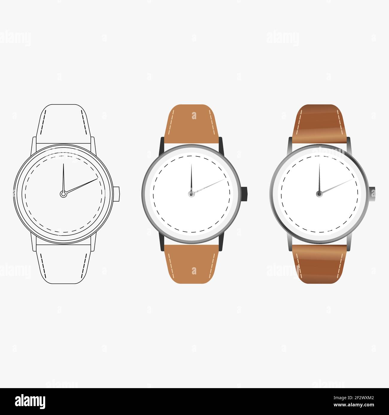 Ensemble de montres classiques pour Homme. Montre-bracelet isolée avec bracelet en cuir. Illustration de Vecteur