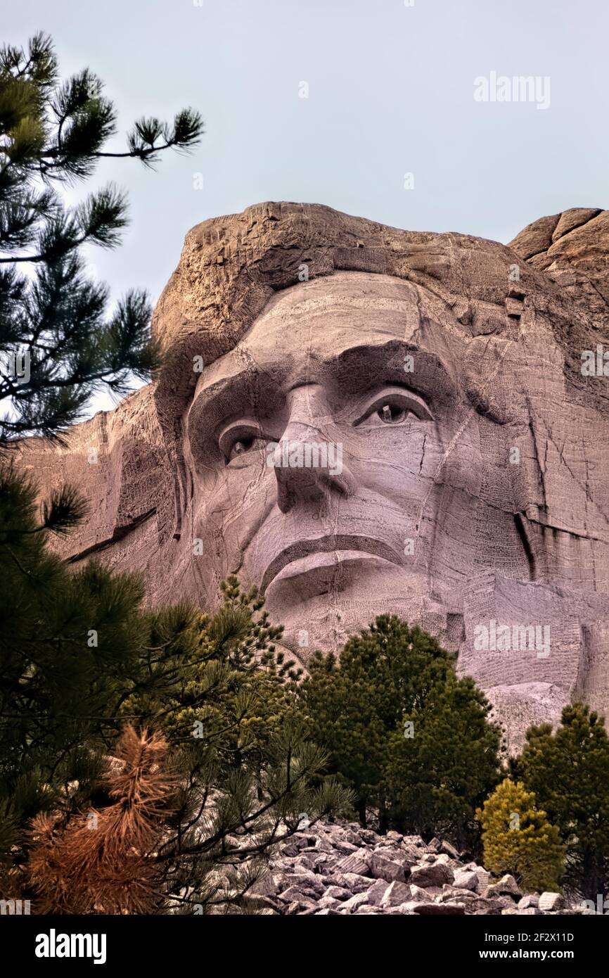 Sculpture Abraham Lincoln au Mount Rushmore National Memorial, Dakota du Sud, États-Unis Banque D'Images