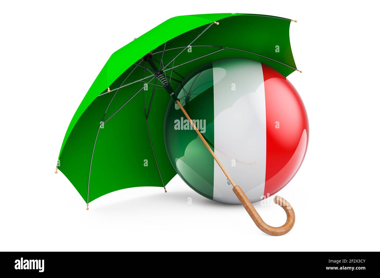 Drapeau italien sous parapluie. Protection et sécurité de l'Italie concept, rendu 3D isolé sur fond blanc Banque D'Images