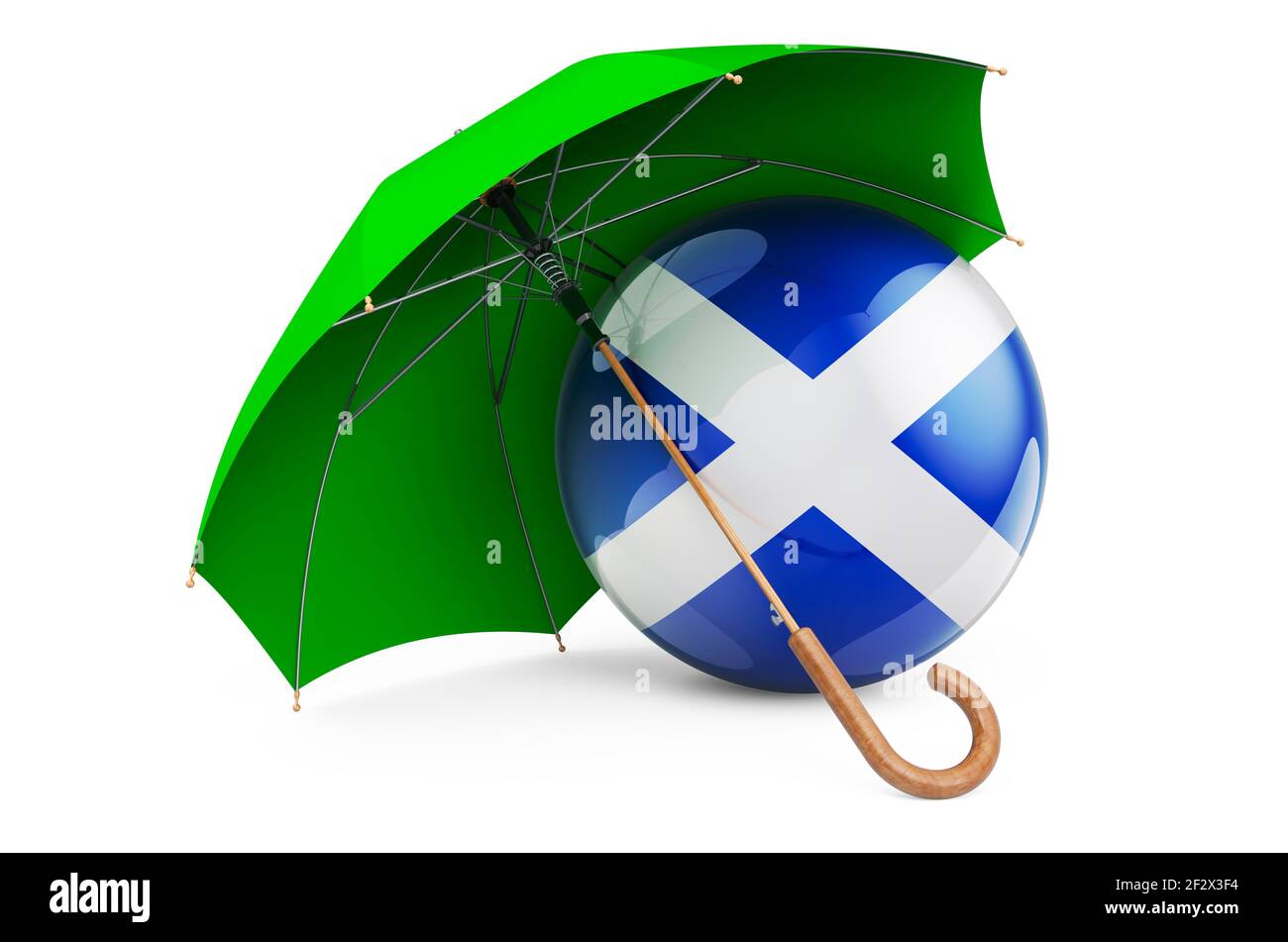 Drapeau écossais sous parapluie. Protection et sécurité du concept écossais, rendu 3D isolé sur fond blanc Banque D'Images