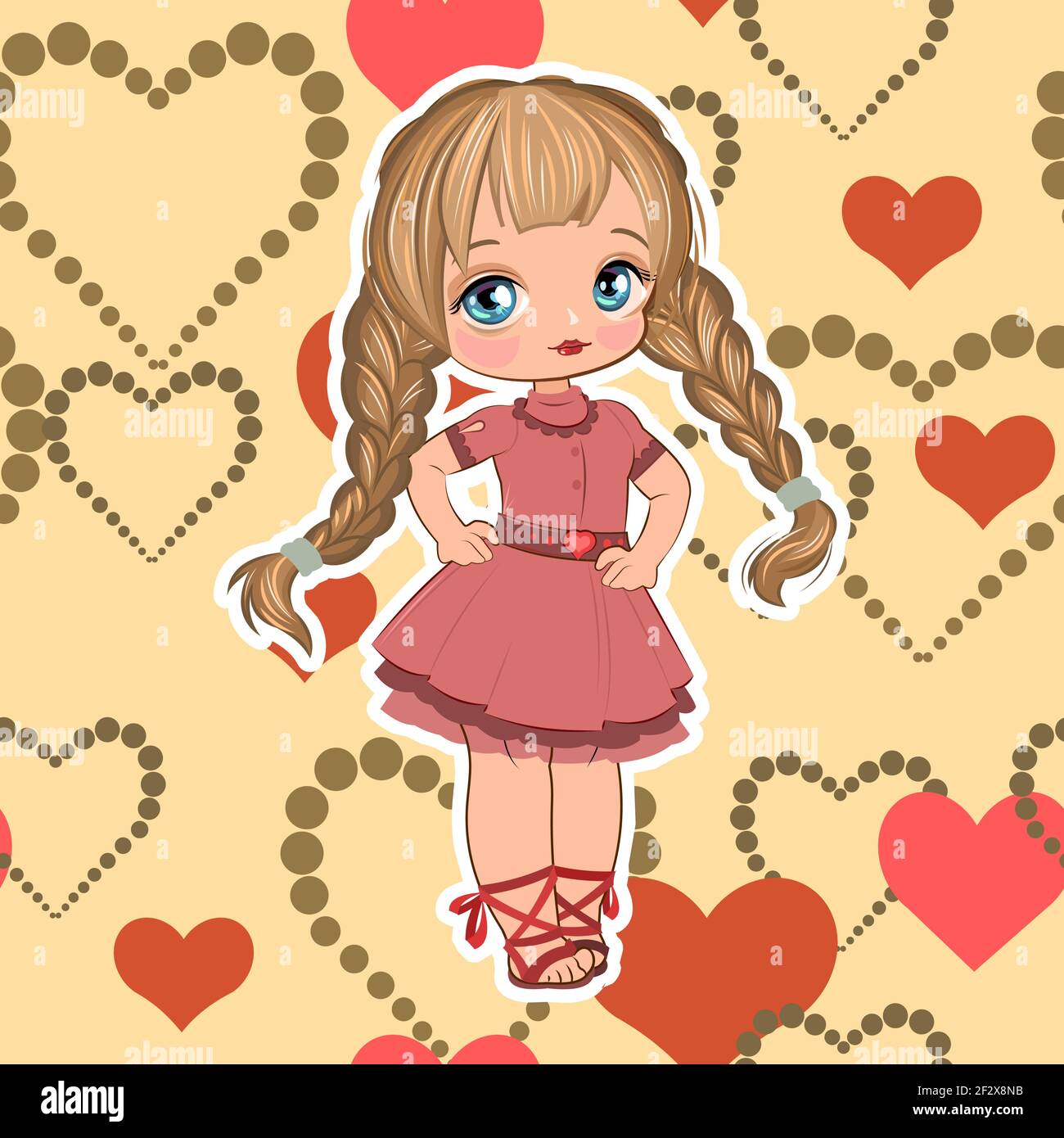 Illustration Isolee Petite Fille Vector Magnifique Enfant A La Mode Entoure De Coeurs Style Dessin Anime Plat Image Vectorielle Stock Alamy