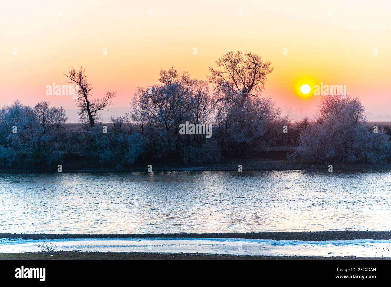 Paysage d'hiver près de la rivière au coucher du soleil Banque D'Images