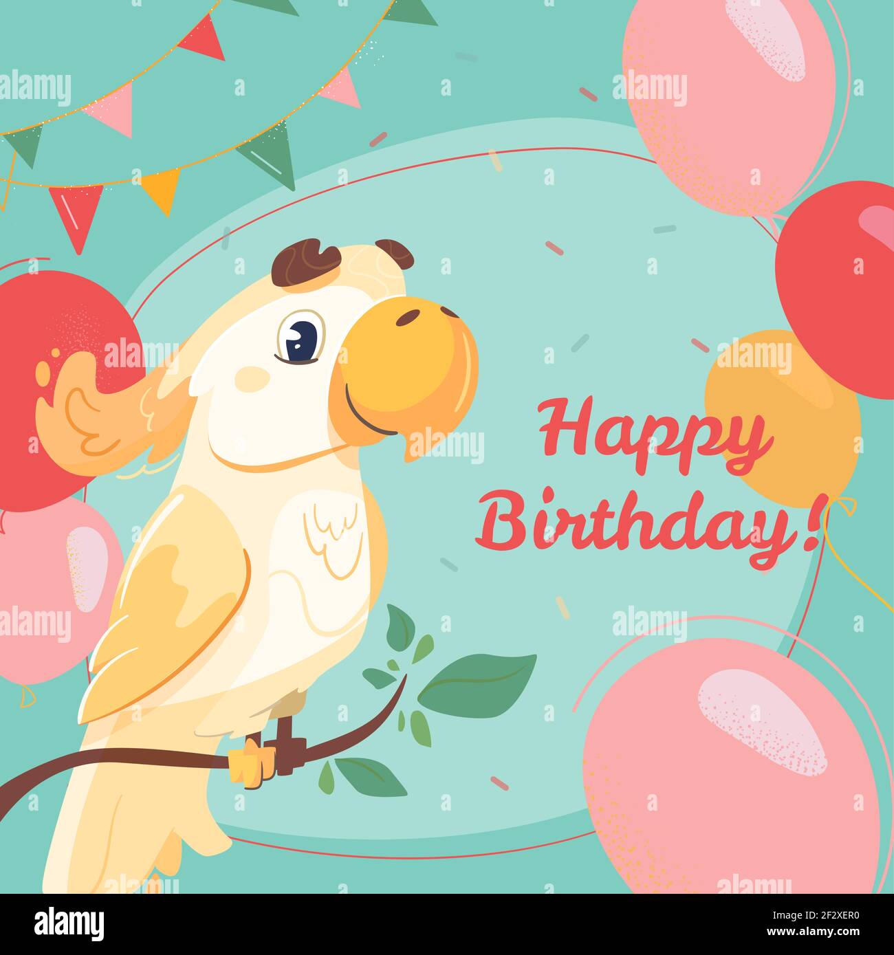 Carte De Voeux Pour Joyeux Anniversaire Avec Cafatoo Jaune Carte Postale Vectorielle De Style Cartoon Avec Un Joli Perroquet Et Une Inscription Festive L Oiseau Les Boules Et Les Confettis Sur Un Fond