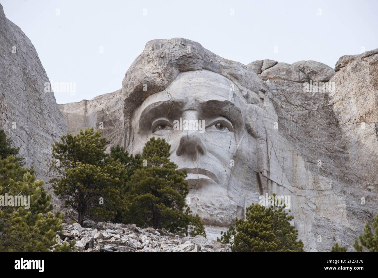 Sculpture Abraham Lincoln au Mount Rushmore National Memorial, Dakota du Sud, États-Unis. Banque D'Images
