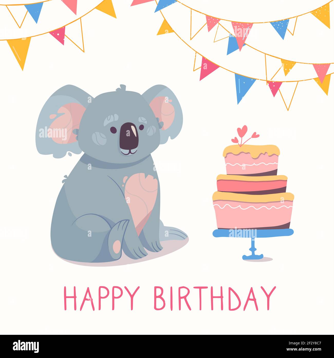 Carte De Voeux Pour Joyeux Anniversaire Avec Un Koala Gris Carte Postale Vectorielle De Style Dessin Anime Avec Un Joli Ours Et Une Inscription Festive Guirlandes Et Gateau Isole Sur Un Fond Clair