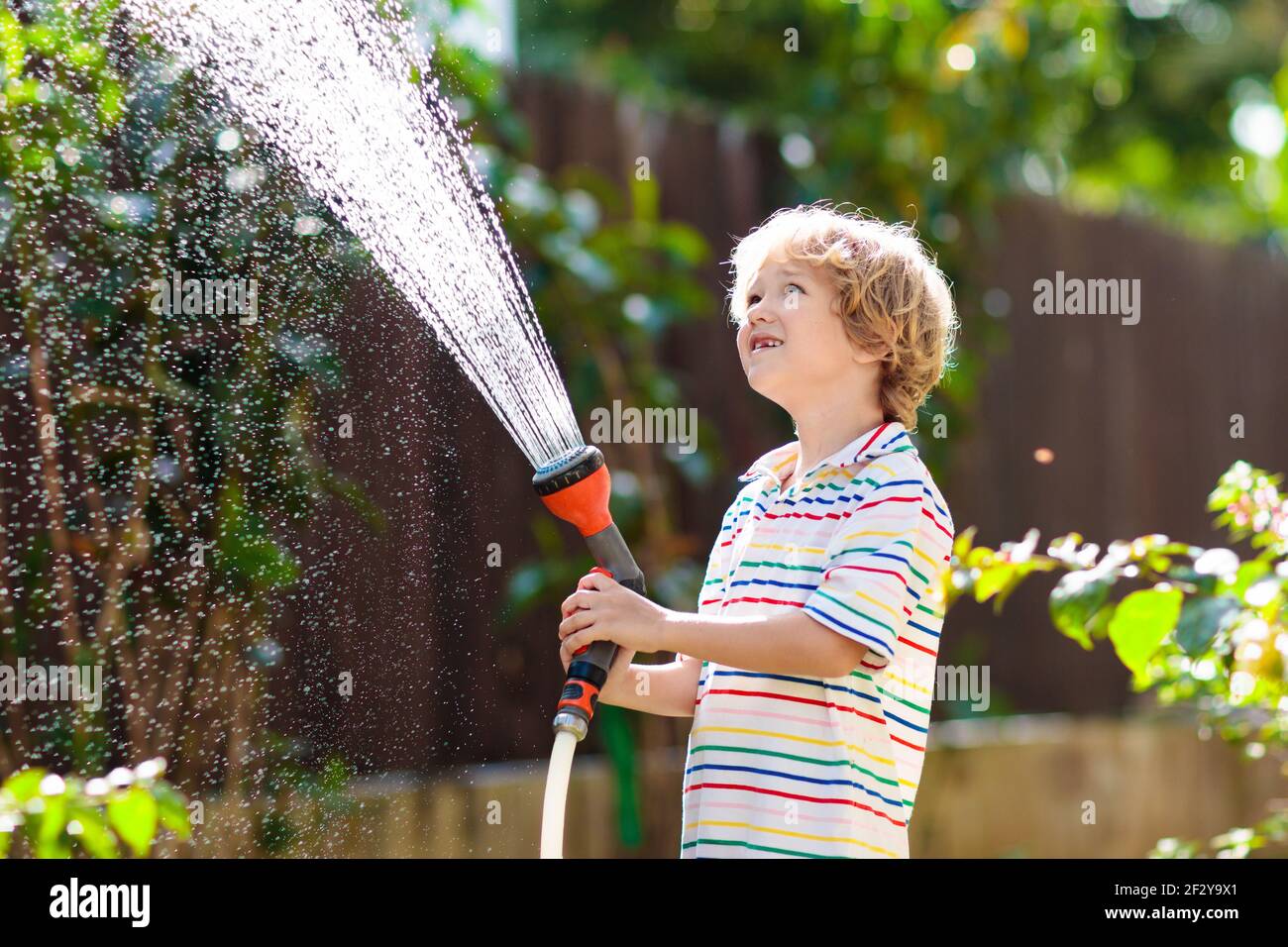 Arrosage des fleurs et des plantes par les enfants dans le jardin. Enfant  avec un tuyau d'eau dans une cour ensoleillée en pleine floraison.  Jardinage de petit garçon. L'été s'amuser à l'extérieur