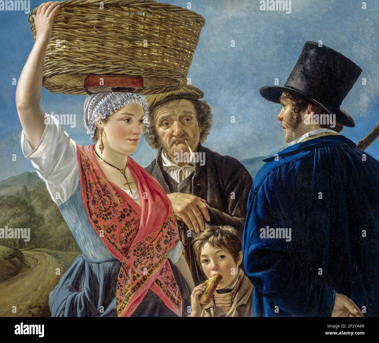 Nouvelles du marché. Une jeune femme avec un panier sur sa tête parlant à un jeune homme en chapeau de tête. Un vieil homme avec un tuyau écoute, aussi un garçon mangeant une pièce Banque D'Images