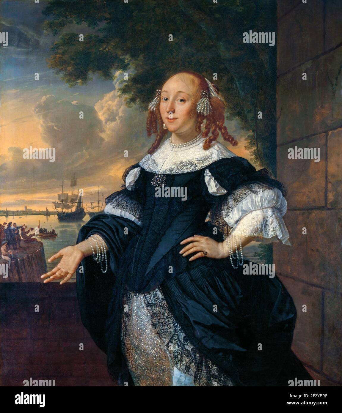 Portrait de Geertruida den Dubbelde, épouse du lieutenant-amiral Aert van Nes. Genou, debout devant une balustrade surplombant un port W Banque D'Images