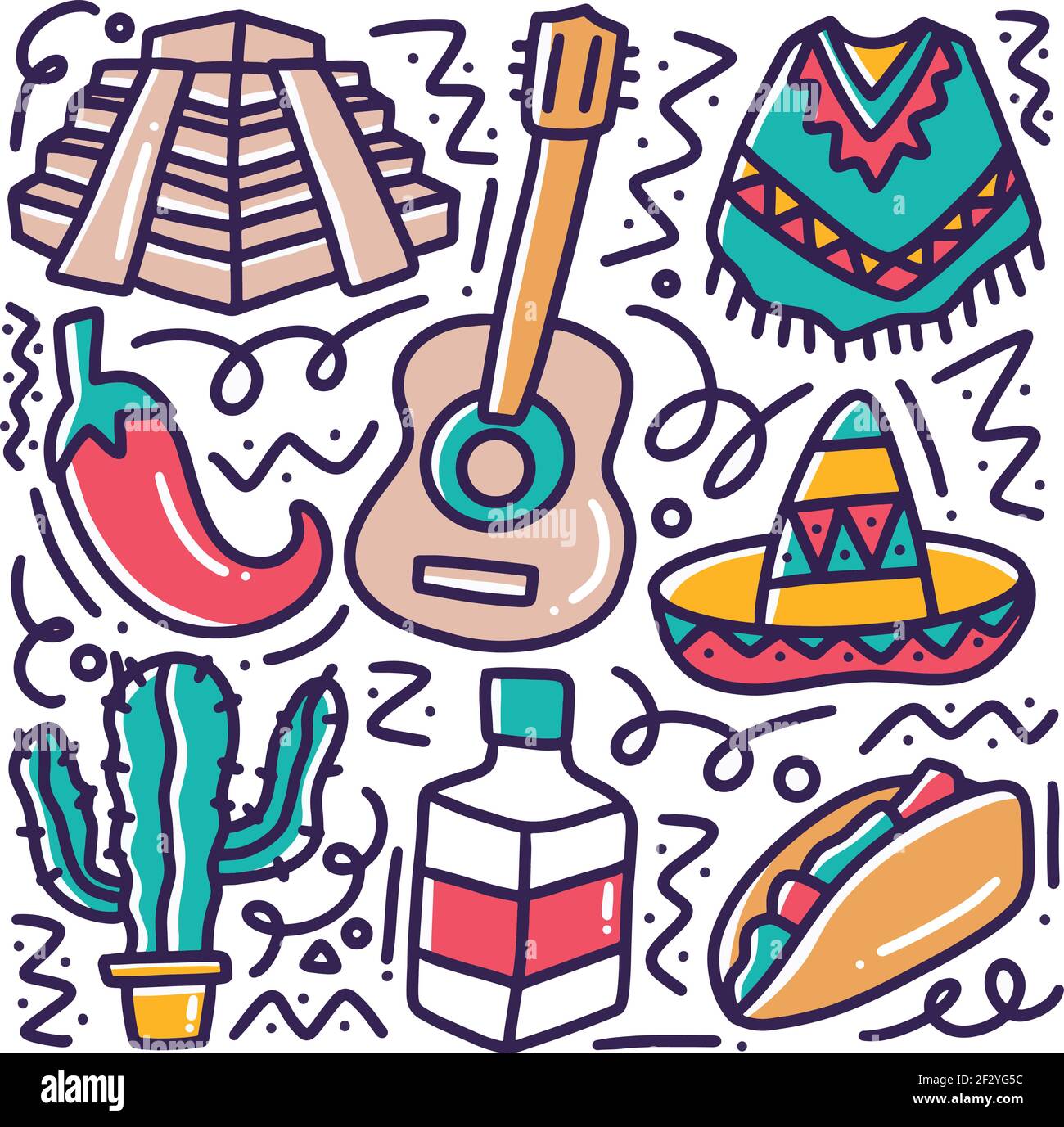 doodle ensemble de dessins à la main des fêtes mexicaines Illustration de Vecteur