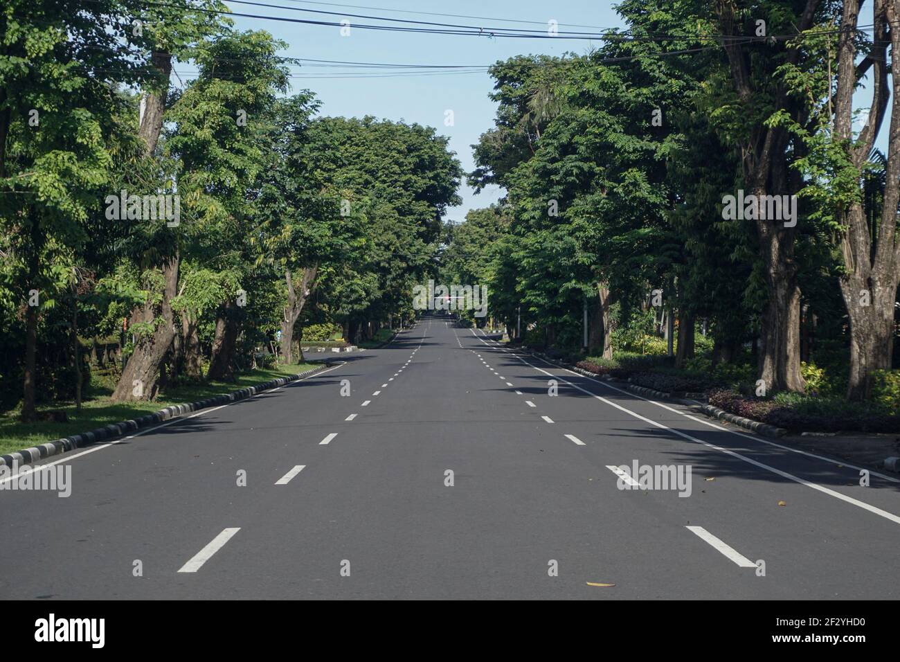 Bali, Indonésie. 14 mars 2021. Une rue vide est vue pendant le jour de Nyepi, ou le jour du silence, dans le cadre de l'épidémie de COVID-19 à Denpasar, Bali, Indonésie, le 14 mars 2021. Nyepi marque le jour du nouvel an du calendrier des Saka balinais en Indonésie. Pendant ces fêtes publiques, les habitants de la région se consacrent au jeûne et à la méditation, tout en s'abstenant des pratiques telles que l'éclairage des feux, le travail, les voyages et les divertissements. Credit: Bisinglasi/Xinhua/Alamy Live News Banque D'Images
